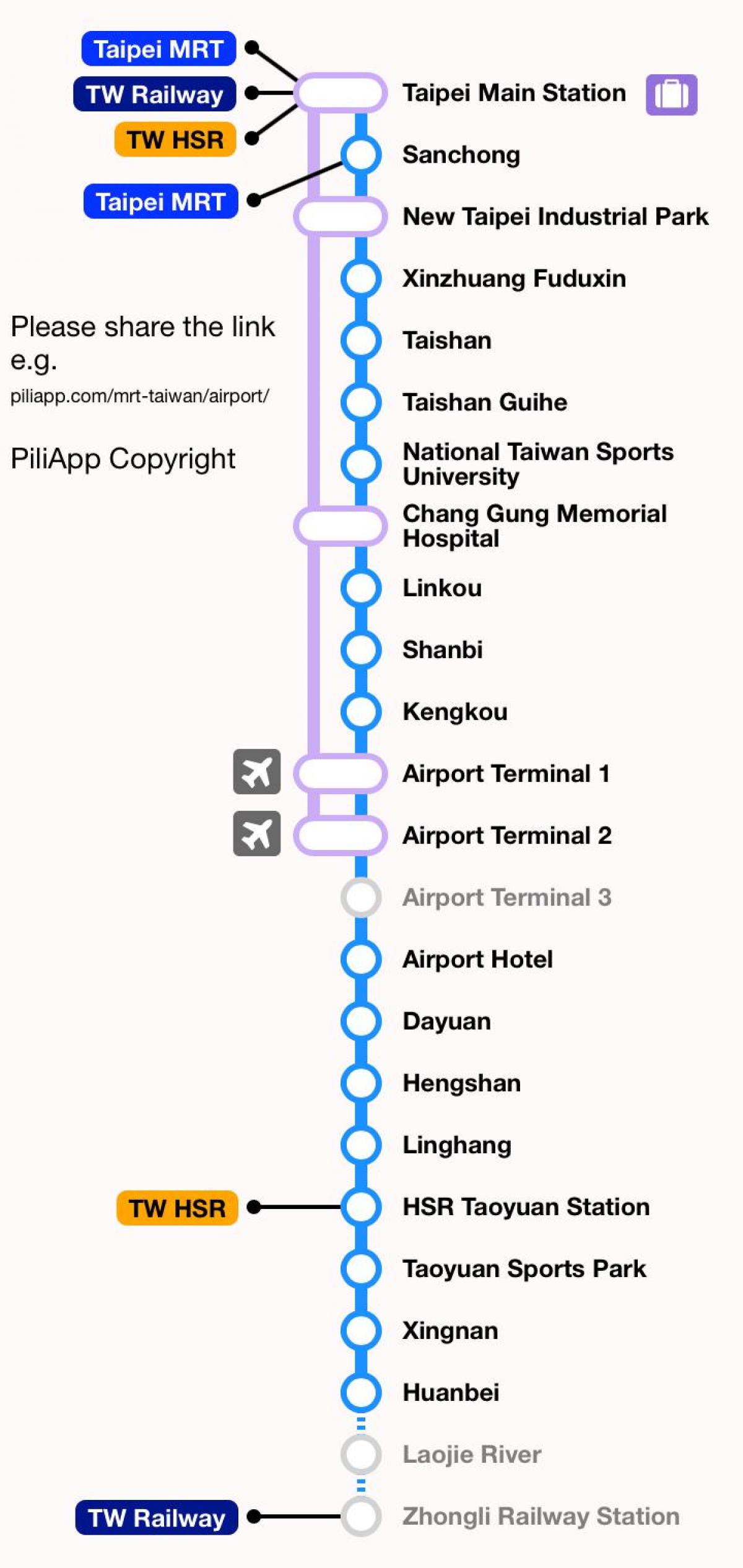 Поїздка до аеропорту Тайбей Таоюань MRT карту 
